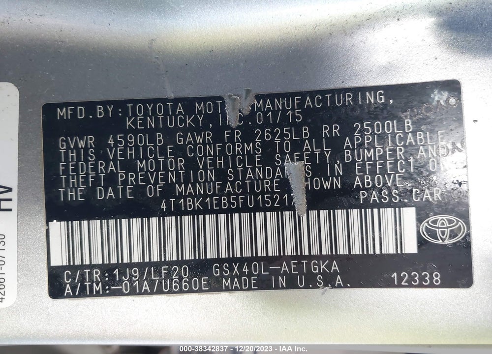 2015 TOYOTA AVALON XLE PREMIUM VIN: 4T1BK1EB5FU152176