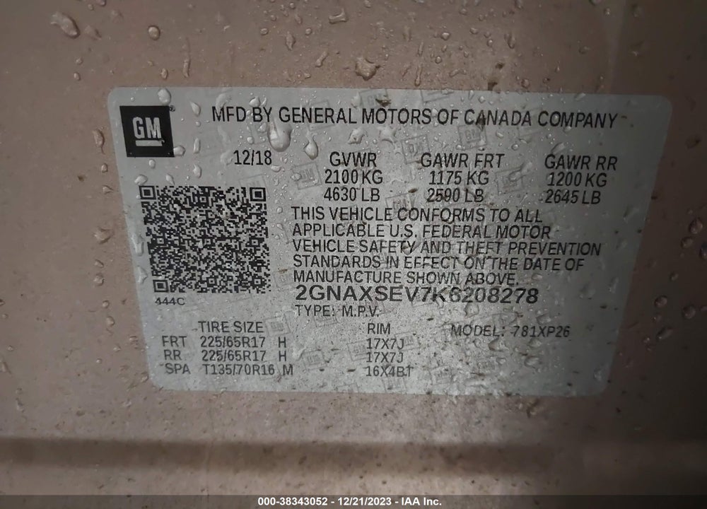2019 CHEVROLET EQUINOX LS VIN: 2GNAXSEV7K6208278