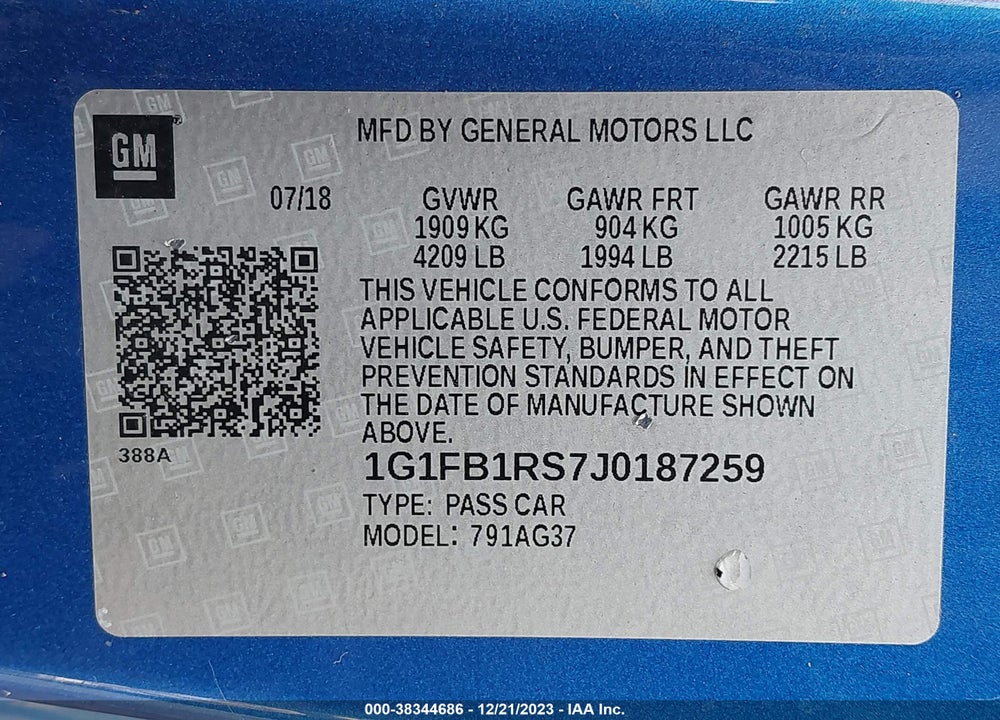 2018 CHEVROLET CAMARO 1LT VIN: 1G1FB1RS7J0187259