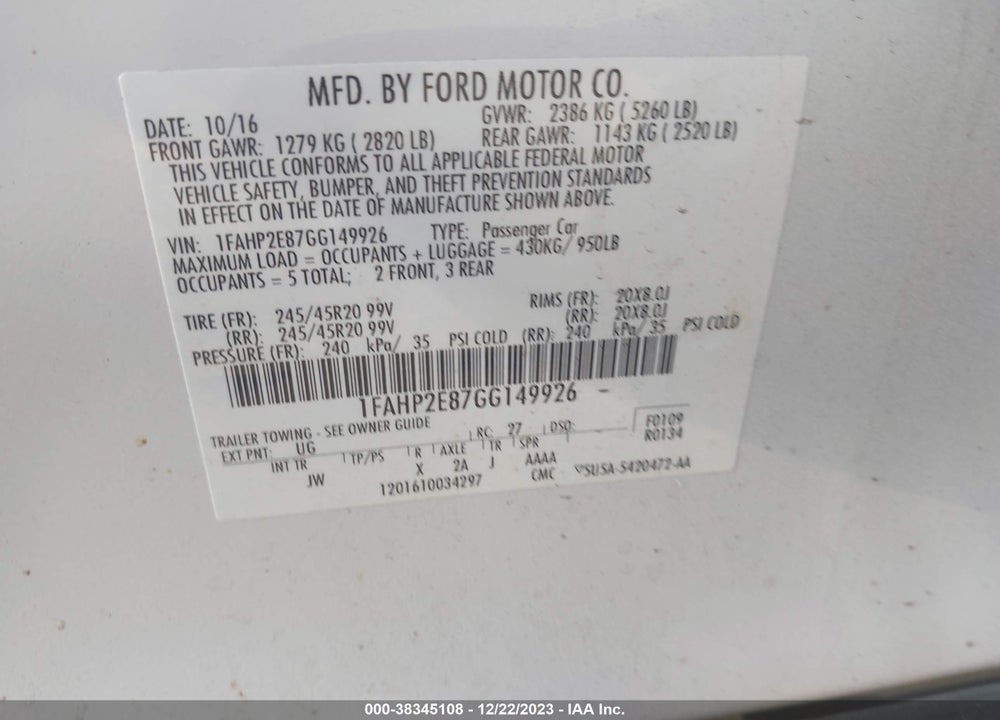 2016 FORD TAURUS SEL VIN: 1FAHP2E87GG149926
