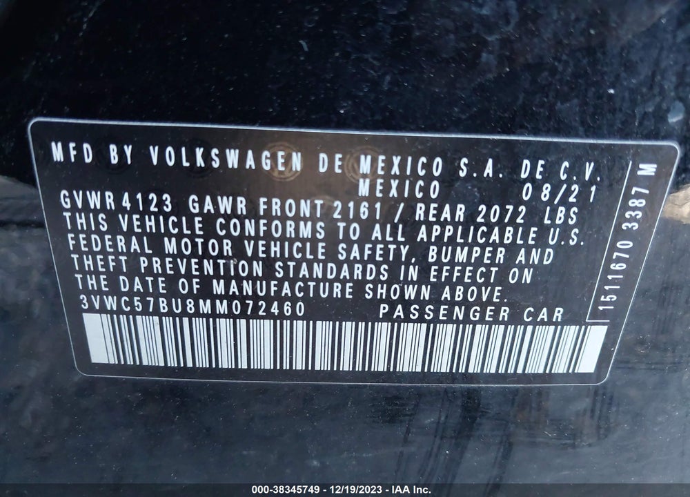 2021 VOLKSWAGEN JETTA 1.4T R-LINE/1.4T S/1.4T SE VIN: 3VWC57BU8MM072460