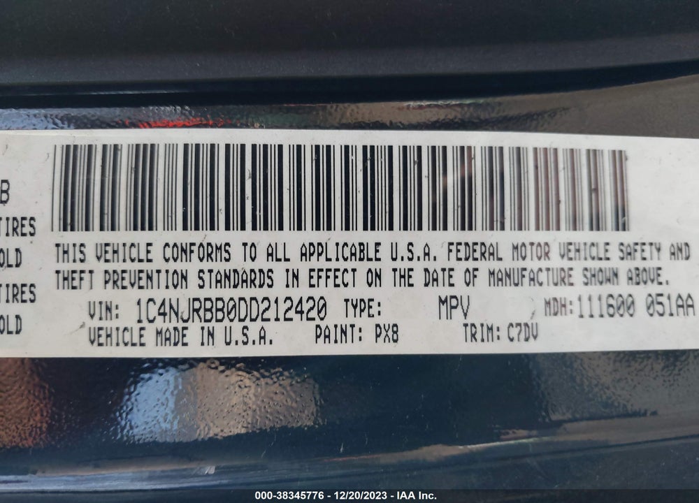 2013 JEEP PATRIOT SPORT VIN: 1C4NJRBB0DD212420