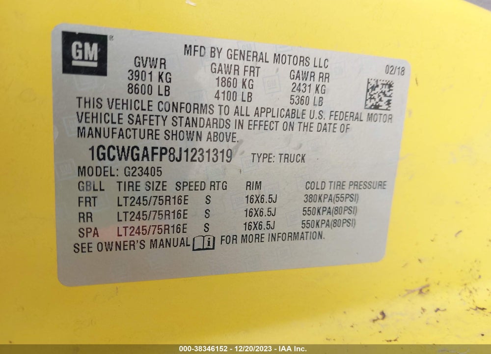 2018 CHEVROLET EXPRESS 2500 WORK VAN VIN: 1GCWGAFP8J1231319