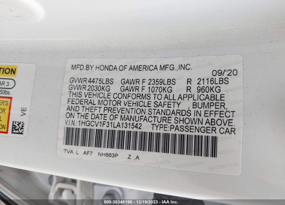 2020 HONDA ACCORD SPORT VIN: 1HGCV1F31LA131542