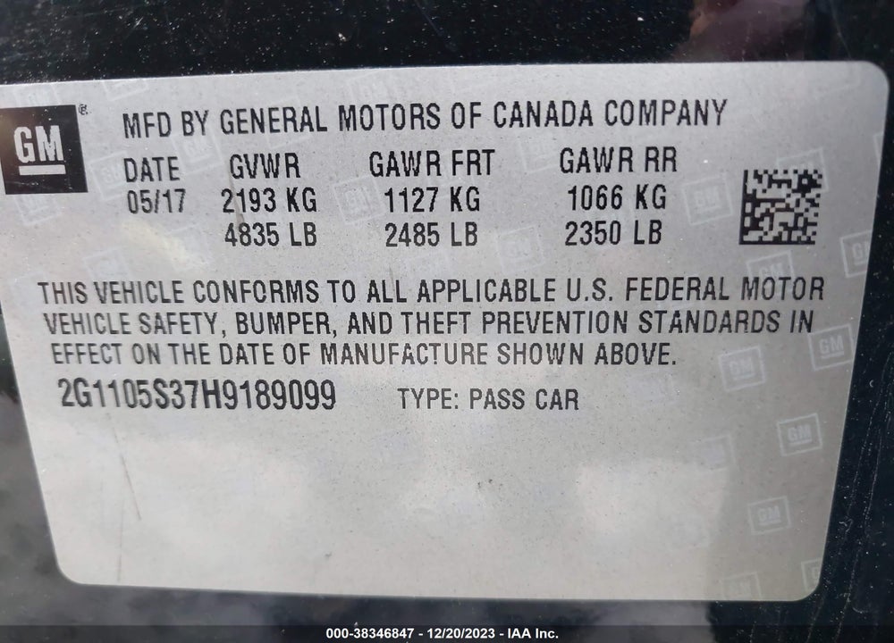2017 CHEVROLET IMPALA 1LT VIN: 2G1105S37H9189099