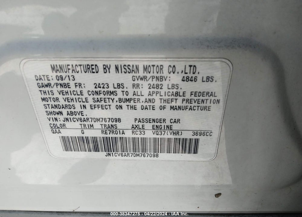 2013 INFINITI G37X VIN: JN1CV6AR7DM767098