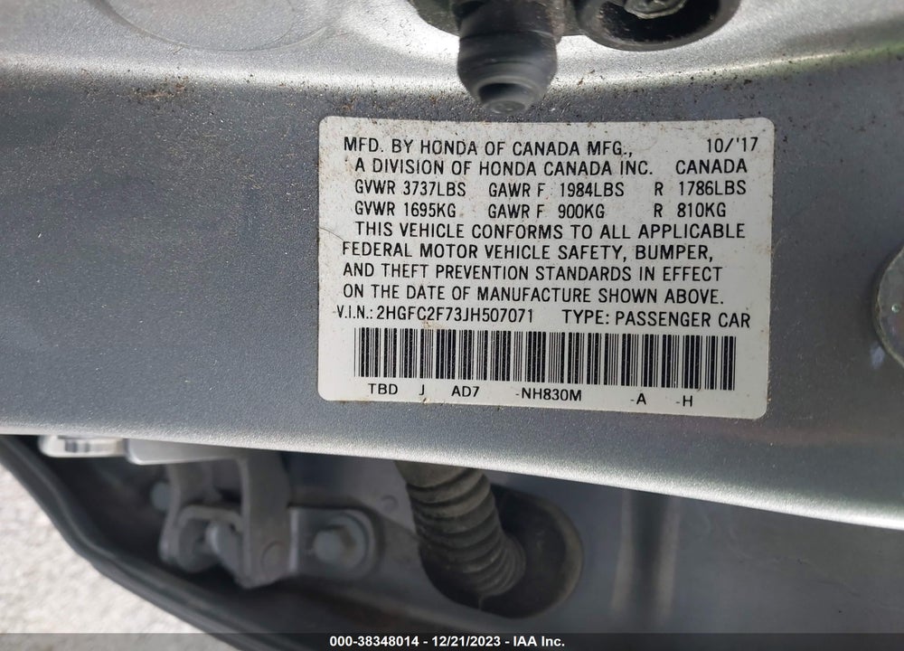 2018 HONDA CIVIC VIN: 2HGFC2F73JH507071