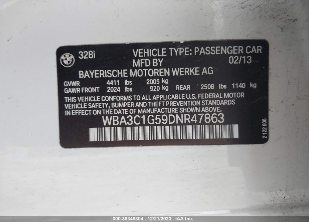 2013 BMW 328I VIN: WBA3C1G59DNR47863