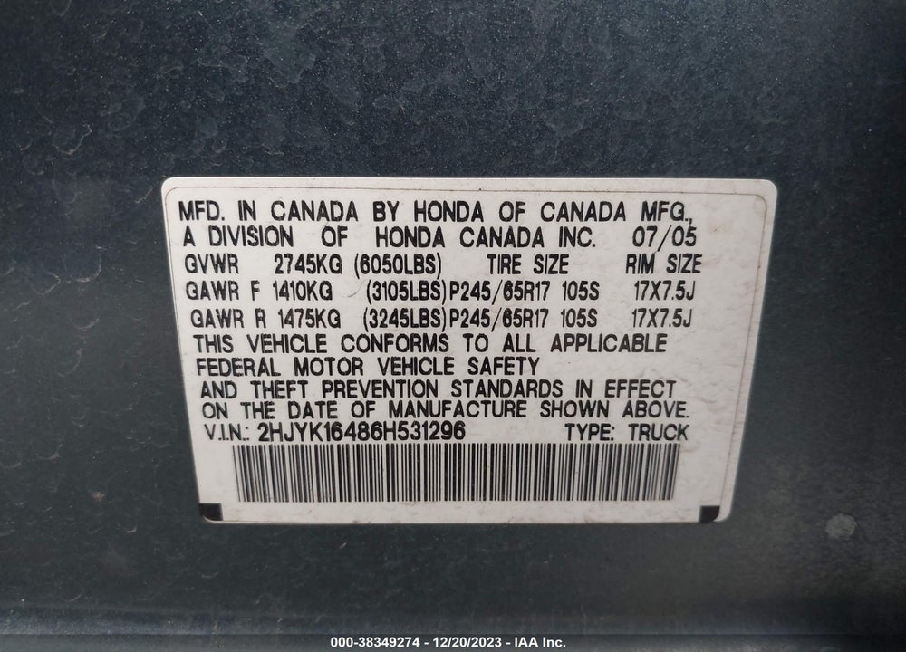 2006 HONDA RIDGELINE RTS VIN: 2HJYK16486H531296