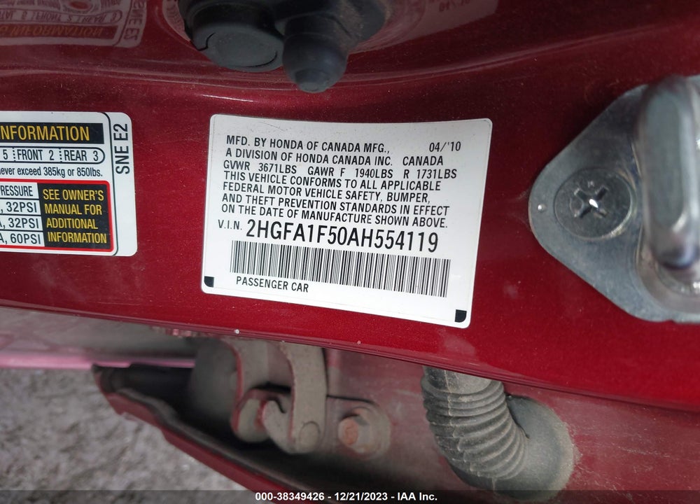 2010 HONDA CIVIC SDN LX VIN: 2HGFA1F50AH554119