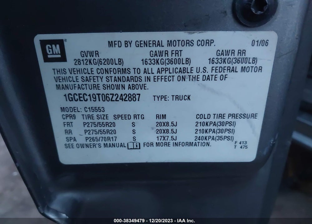 2006 CHEVROLET SILVERADO 1500 LT2 VIN: 1GCEC19T06Z242887