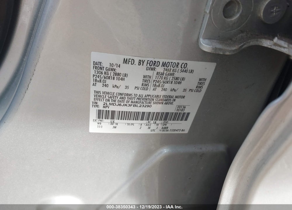 2015 LINCOLN MKX VIN: 2LMDJ6JK3FBL23290