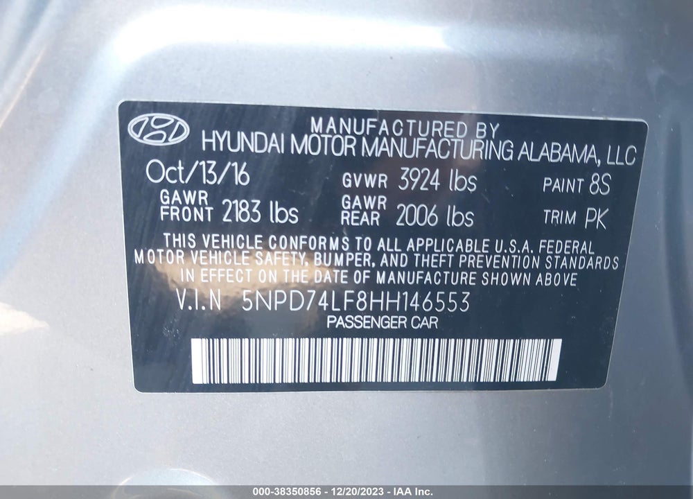2017 HYUNDAI ELANTRA SE VIN: 5NPD74LF8HH146553