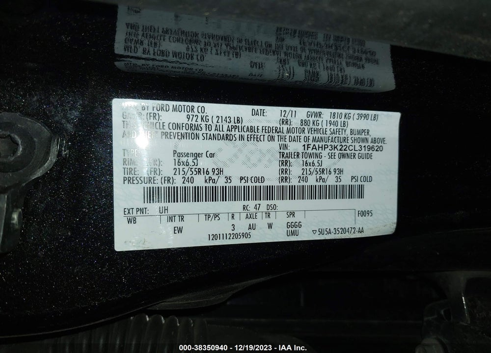 2012 FORD FOCUS SE VIN: 1FAHP3K22CL319620
