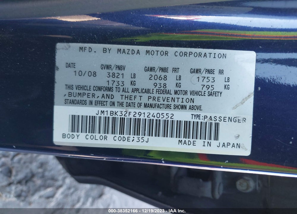 2009 MAZDA 3 I SPORT VIN: JM1BK32F291240552