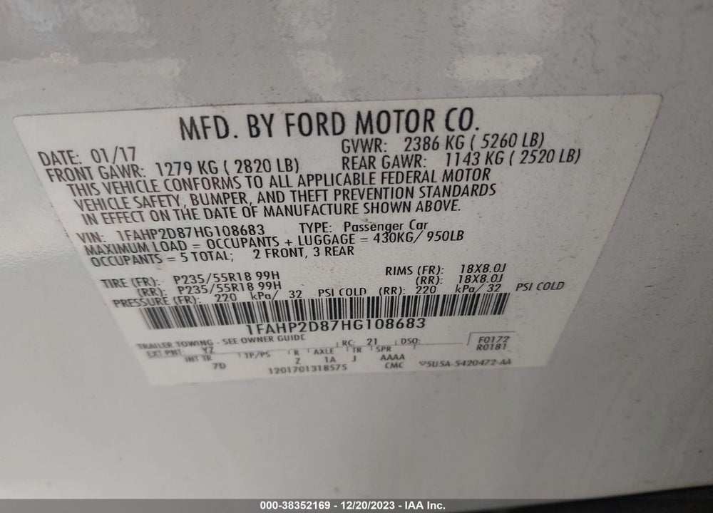 2017 FORD TAURUS SE VIN: 1FAHP2D87HG108683