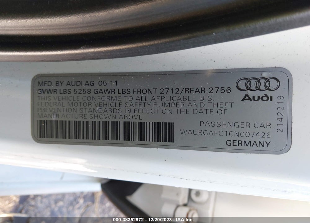 2012 AUDI A6 3.0 PREMIUM VIN: WAUBGAFC1CN007426