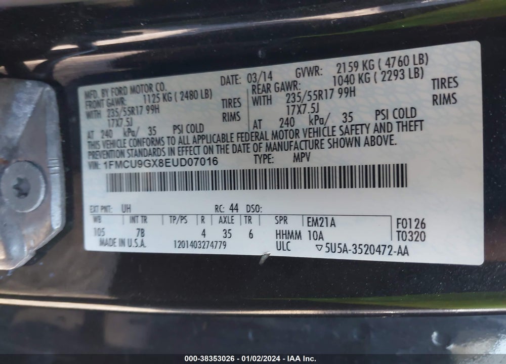 2014 FORD ESCAPE SE VIN: 1FMCU9GX8EUD07016