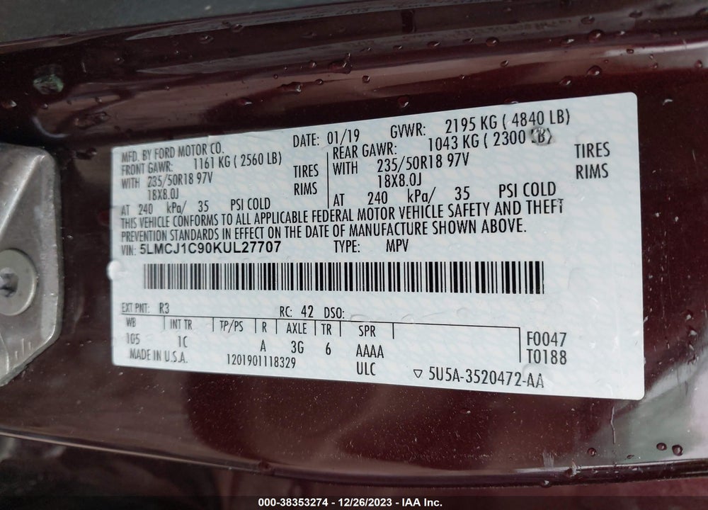 2019 LINCOLN MKC STANDARD VIN: 5LMCJ1C90KUL27707