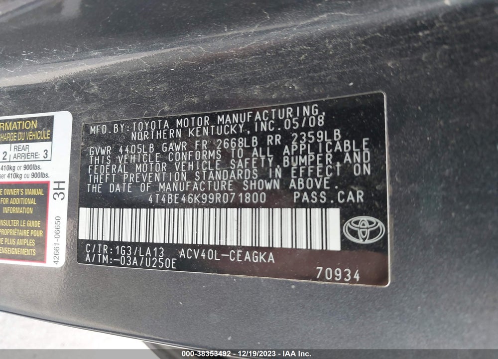 2009 TOYOTA CAMRY XLE VIN: 4T4BE46K99R071800