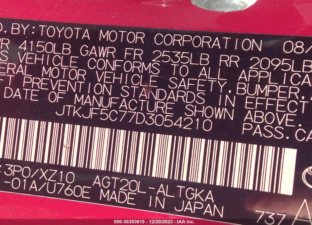 2013 SCION TC RELEASE SERIES 8.0 VIN: JTKJF5C77D3054210