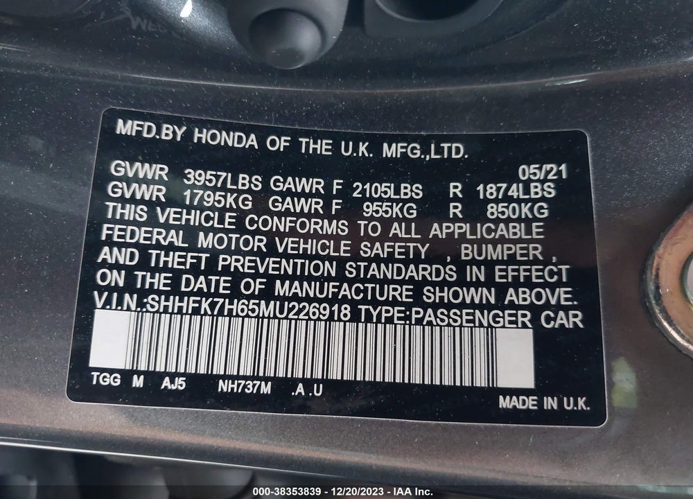2021 HONDA CIVIC EX VIN: SHHFK7H65MU226918