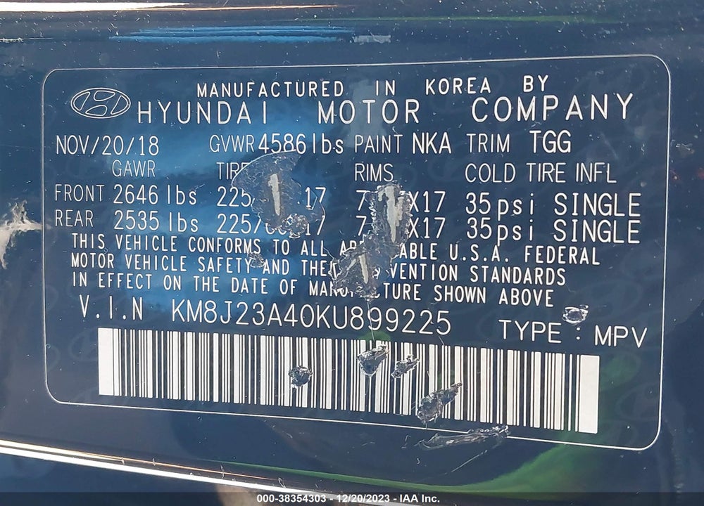 2019 HYUNDAI TUCSON SE VIN: KM8J23A40KU899225