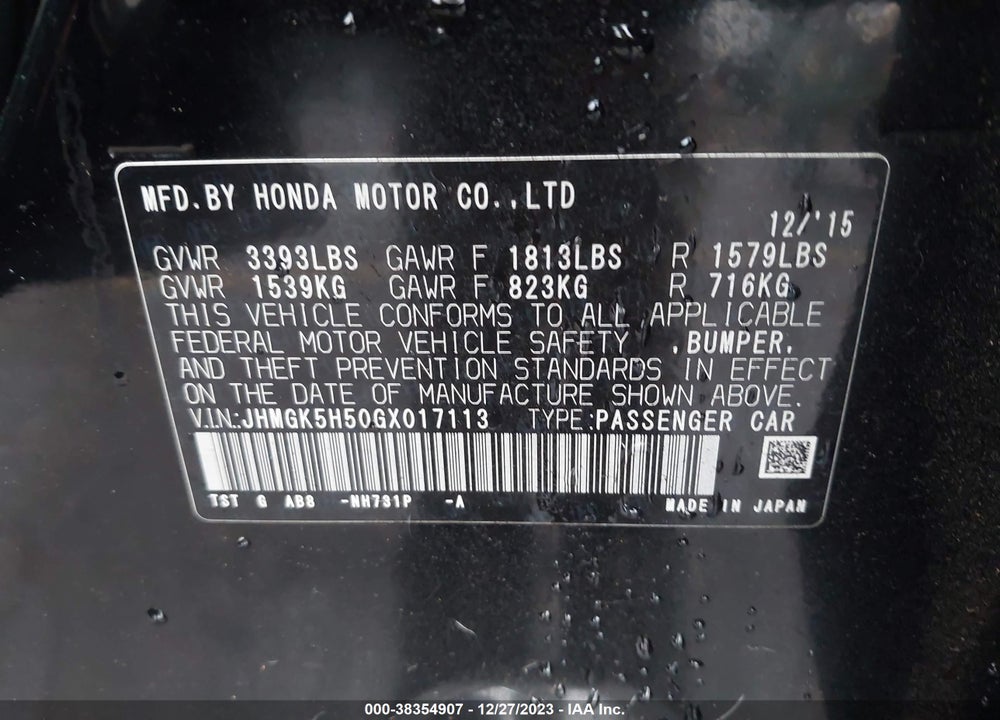 2016 HONDA FIT LX VIN: JHMGK5H50GX017113