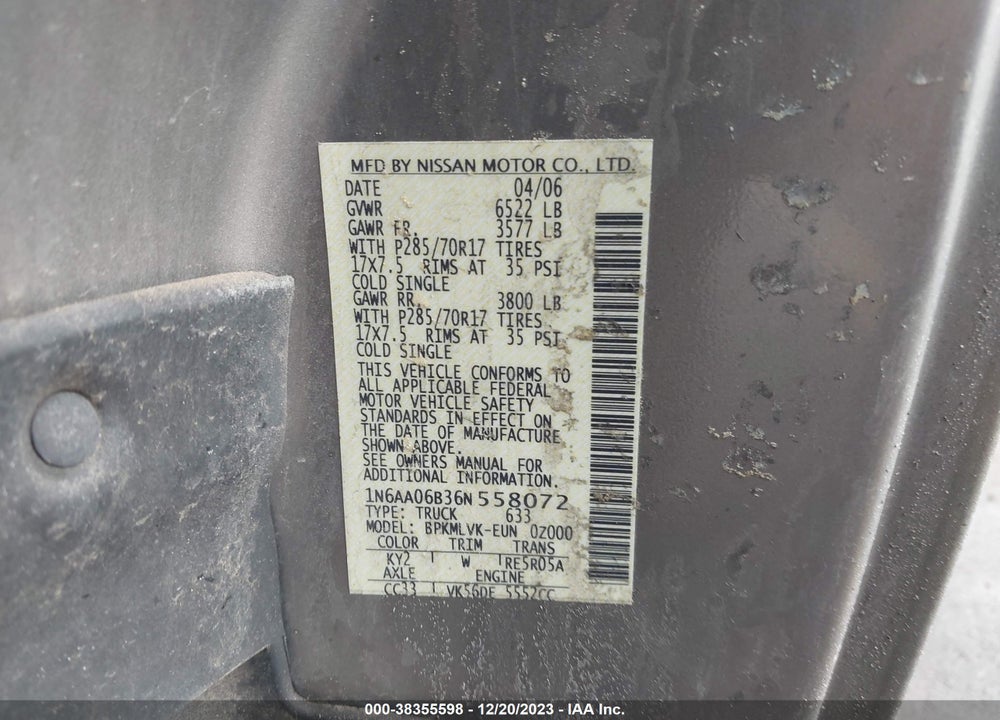 2006 NISSAN TITAN SE VIN: 1N6AA07B16N560532