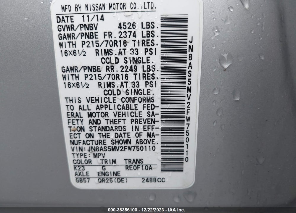 2015 NISSAN ROGUE SELECT S VIN: JN8AS5MV2FW750110