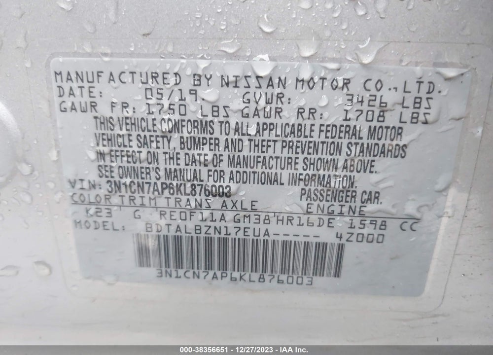 2019 NISSAN VERSA 1.6 SV VIN: 3N1CN7AP6KL876003