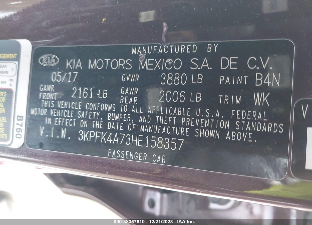 2017 KIA FORTE LX VIN: 3KPFK4A73HE158357