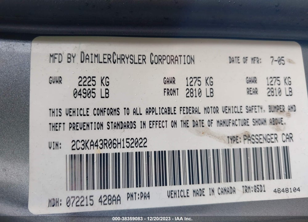 2006 CHRYSLER 300 VIN: 2C3KA43R06H152022