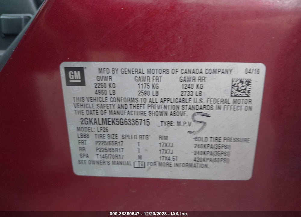 2016 GMC TERRAIN SLE-1 VIN: 2GKALMEK5G6336715