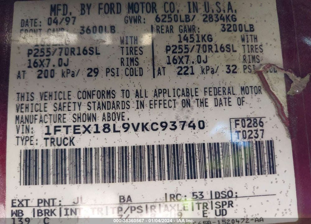 1997 FORD F-150 VIN: 1FTEX18L9VKC93740