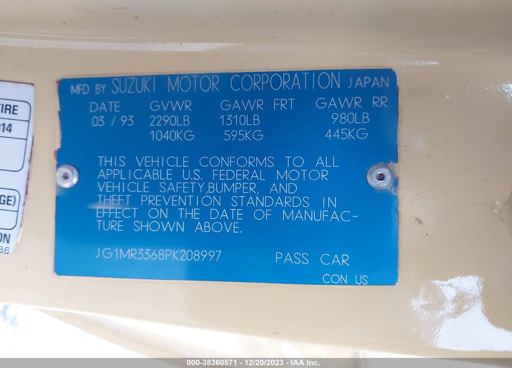 1993 GEO METRO LSI SPRINT CL VIN: JG1MR3368PK208997