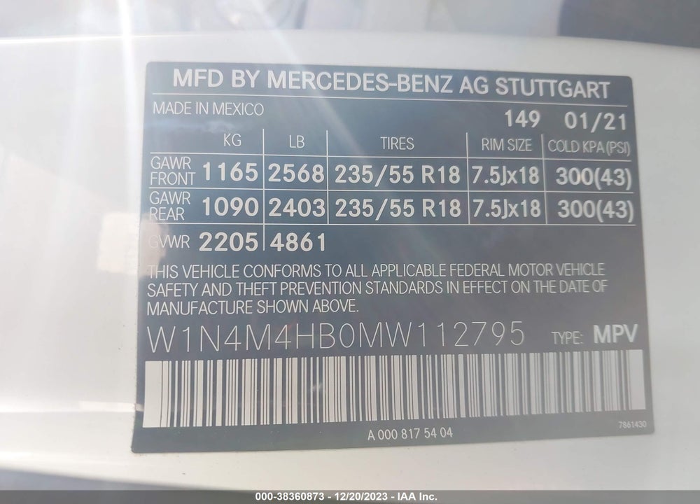 2021 MERCEDES-BENZ GLB 250 4MATIC VIN: W1N4M4HB0MW112795