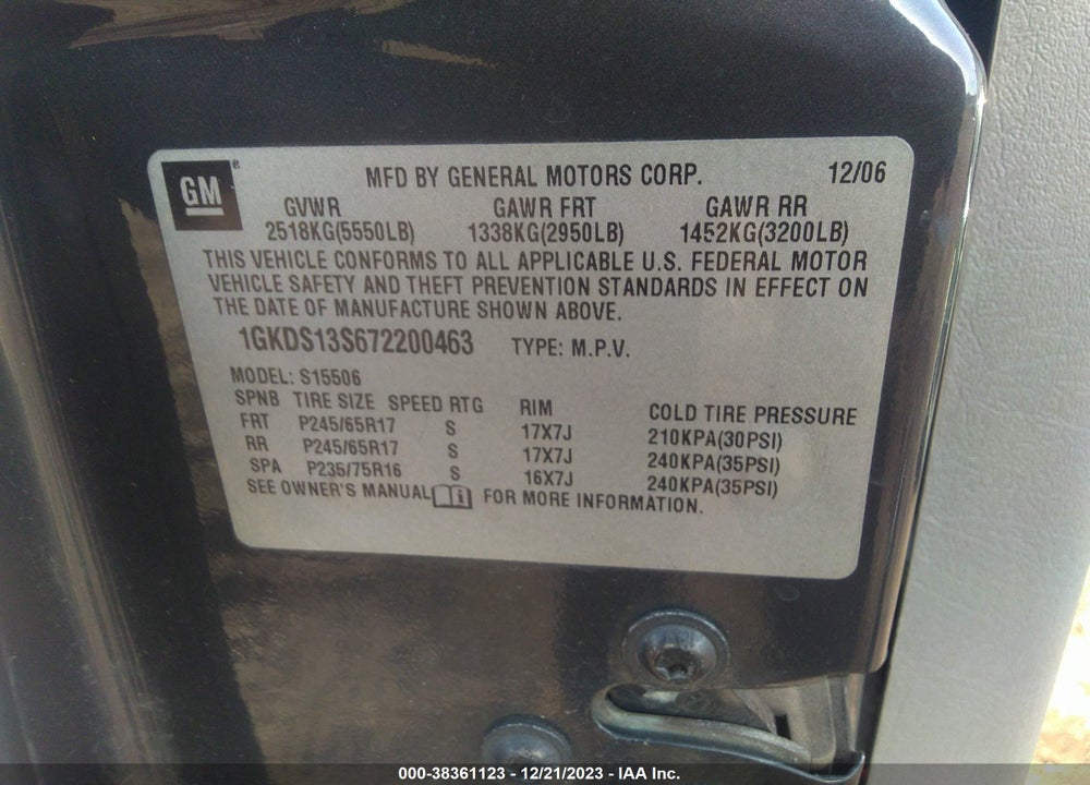 2007 GMC ENVOY SLE VIN: 1GKDS13S672200463
