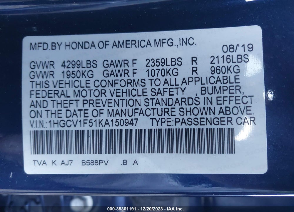 2019 HONDA ACCORD EX-L VIN: 1HGCV1F51KA150947