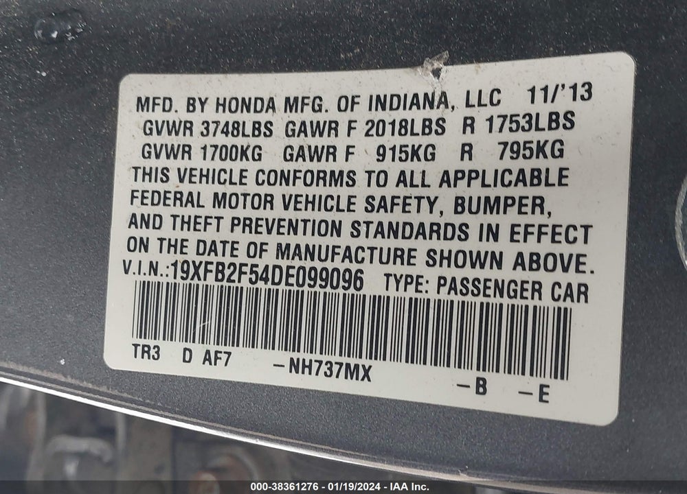 2013 HONDA CIVIC LX VIN: 19XFB2F54DE099096