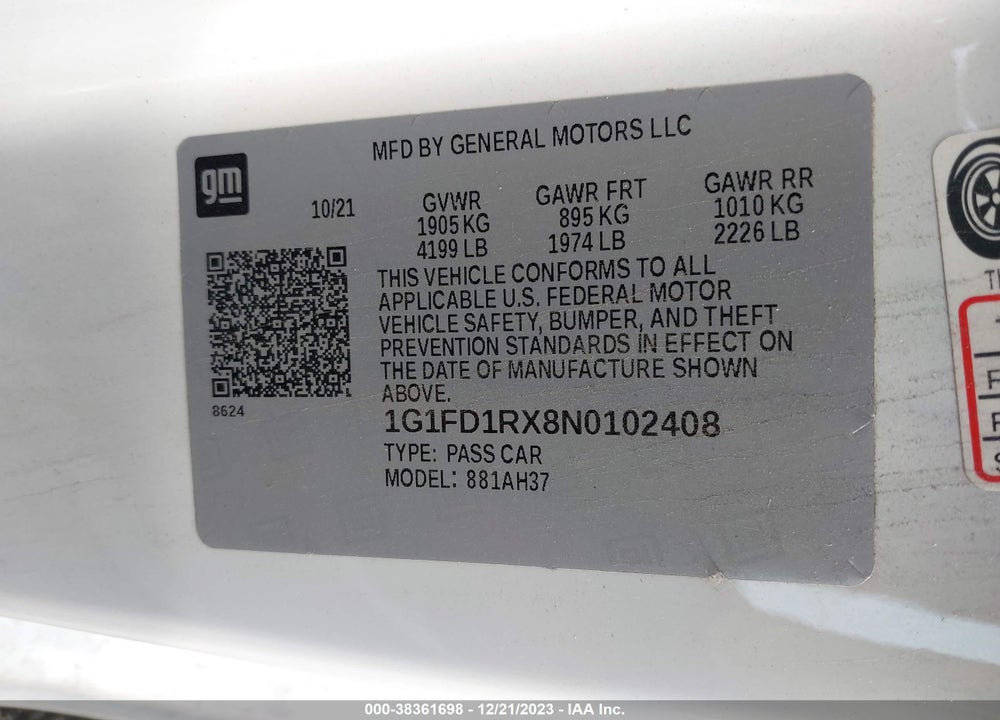 2022 CHEVROLET CAMARO RWD 2LT VIN: 1G1FD1RX8N0102408