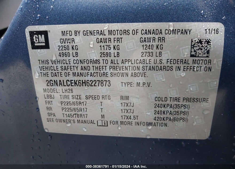 2017 CHEVROLET EQUINOX LT VIN: 2GNALCEK6H6227873