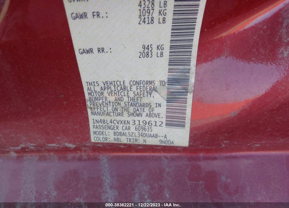 2019 NISSAN ALTIMA 2.5 SR VIN: 1N4BL4CVXKN319612