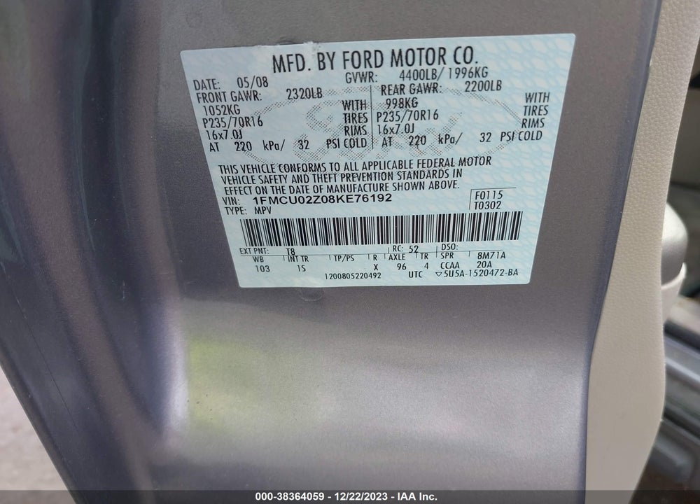 2008 FORD ESCAPE XLS/XLS MANUAL VIN: 1FMCU02Z08KE76192