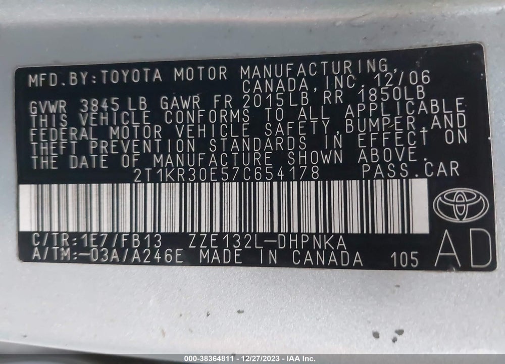 2007 TOYOTA MATRIX/XR VIN: 2T1KR30E57C654178