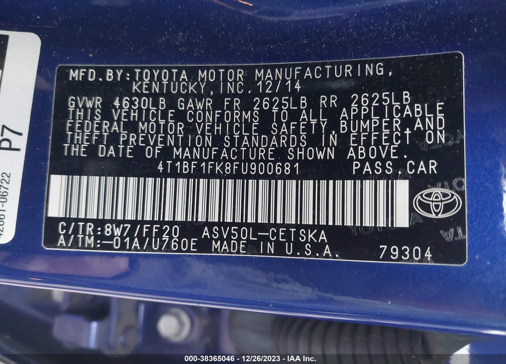2015 TOYOTA CAMRY SE VIN: 4T1BF1FK8FU900681