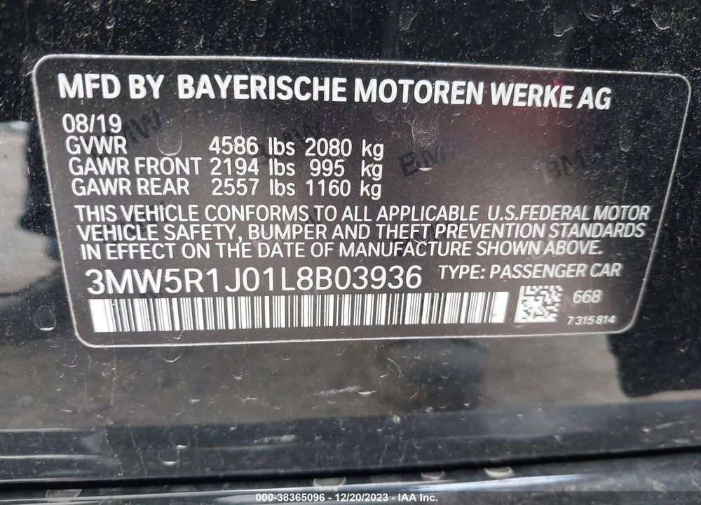 2020 BMW 3 SERIES 330I VIN: 3MW5R1J01L8B03936