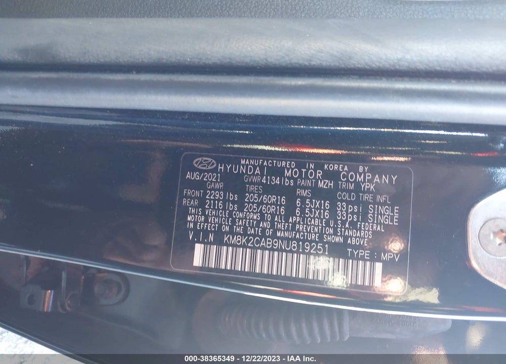 2022 HYUNDAI KONA SE VIN: KM8K2CAB9NU819251