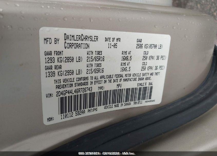 2006 DODGE GRAND CARAVAN SXT VIN: 2D4GP44L46R726743