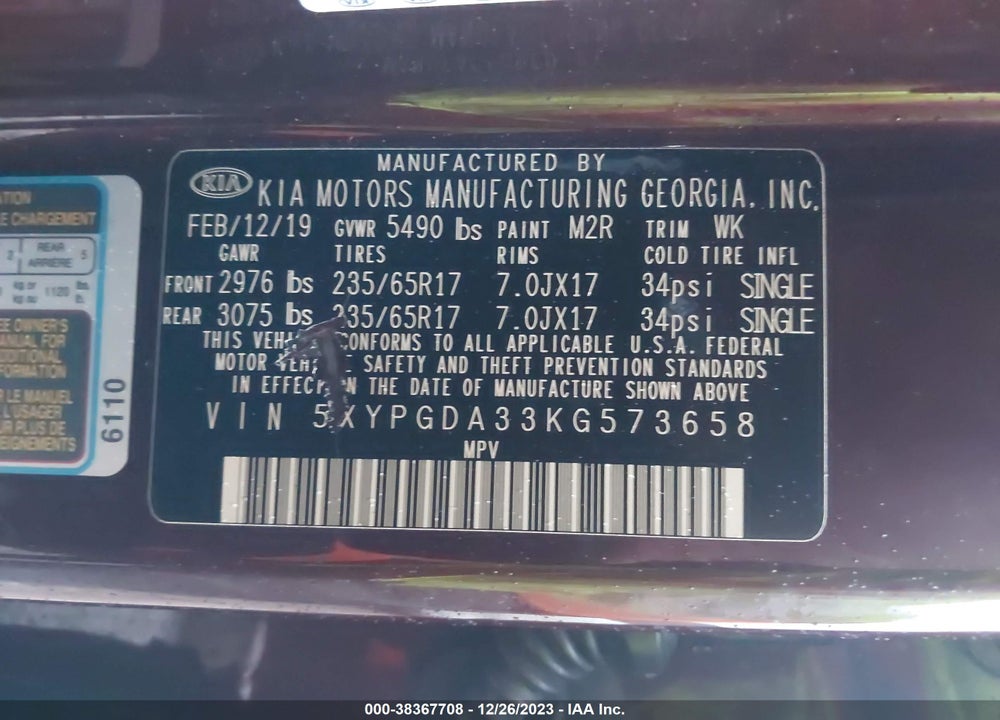 2019 KIA SORENTO 2.4L LX VIN: 5XYPGDA33KG573658
